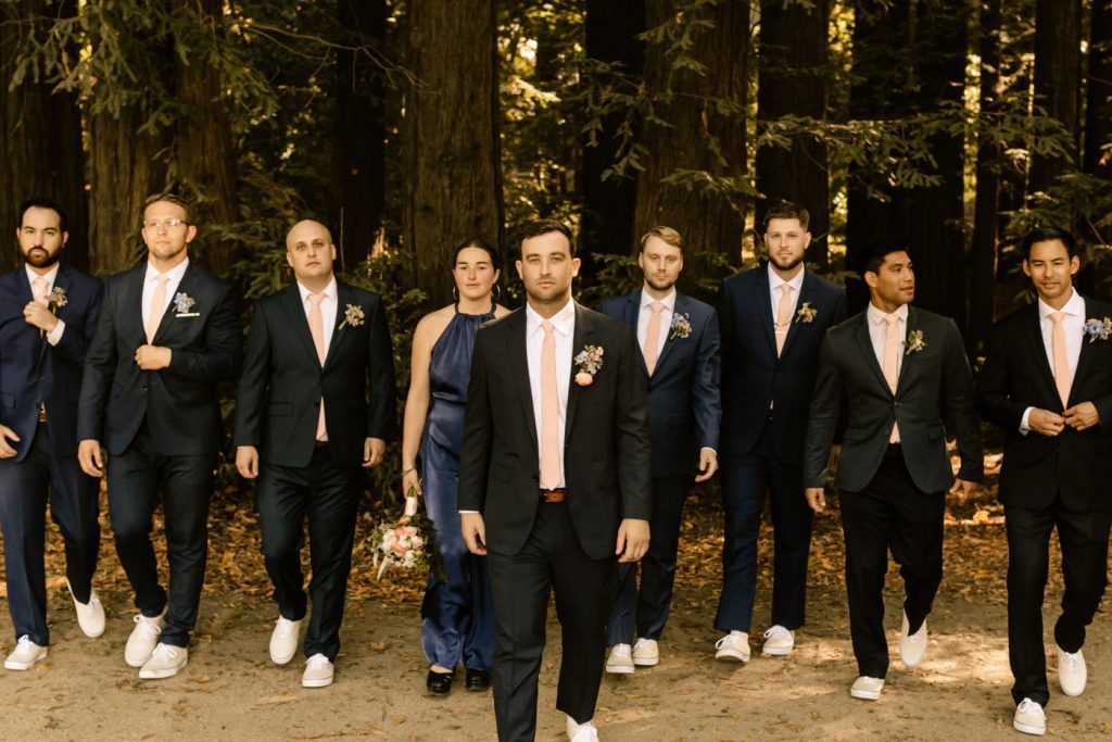 Groomsmen groomswoman navy jumpsuit suits with blush dresses