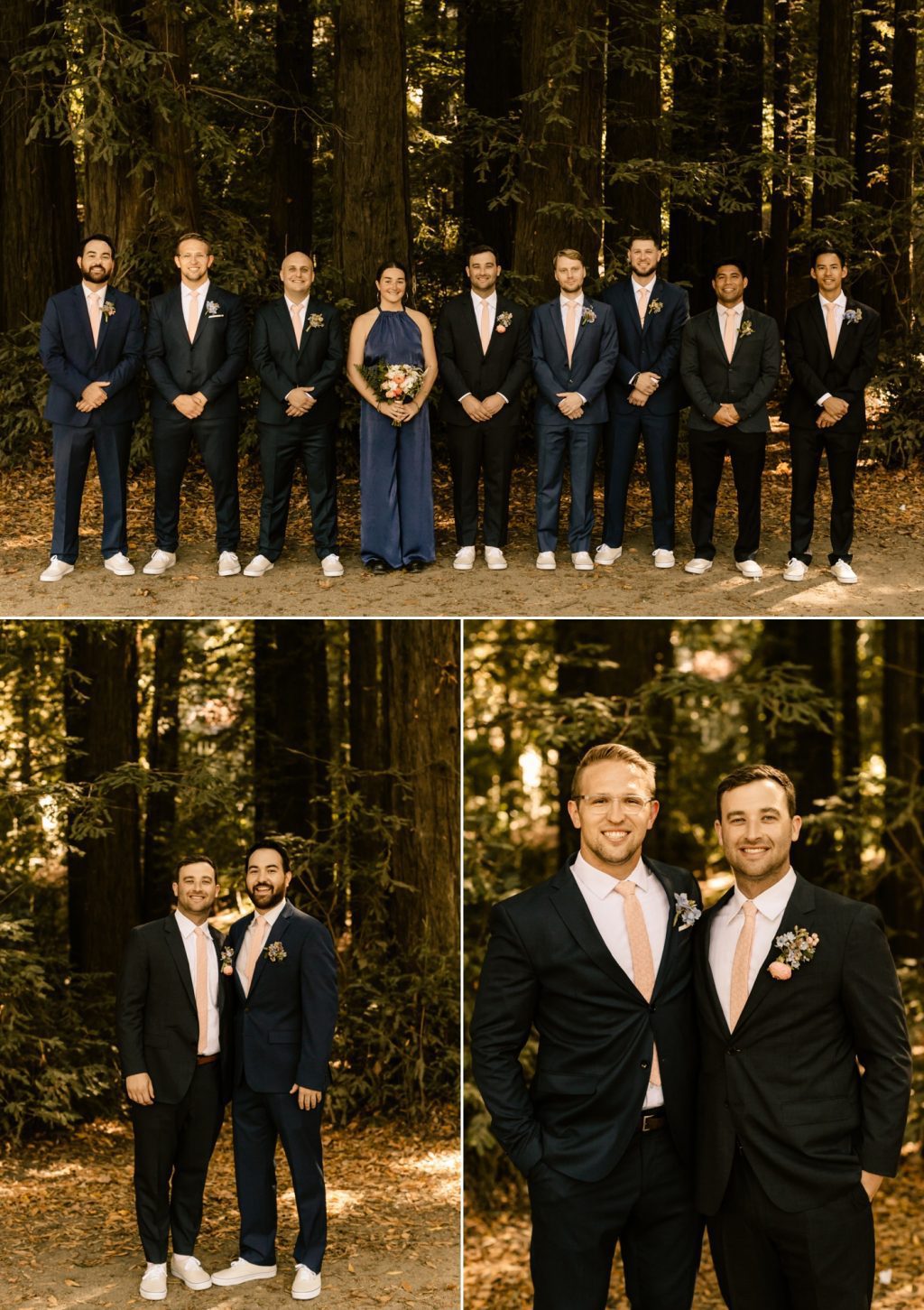 Groomsmen groomswoman navy jumpsuit suits redwoods wedding