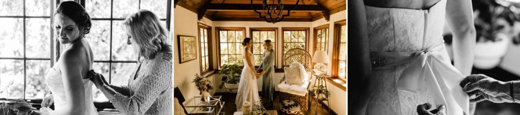 bride getting into dress photos documentary style airbnb wedding