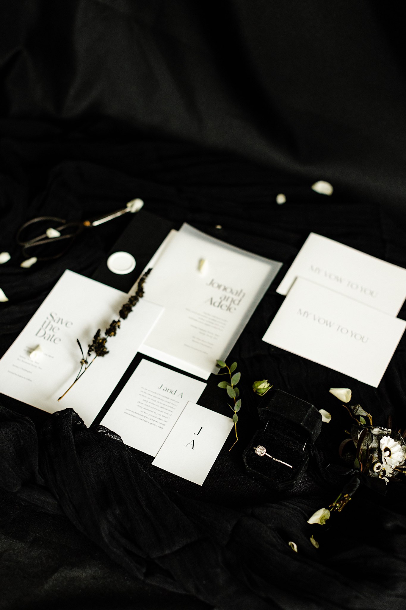 black and white invitation suite, flat lay inspiration