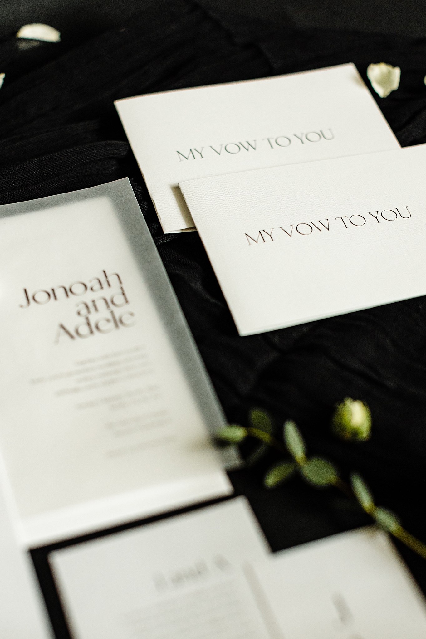 black and white invitation suite, flat lay inspiration, vow books