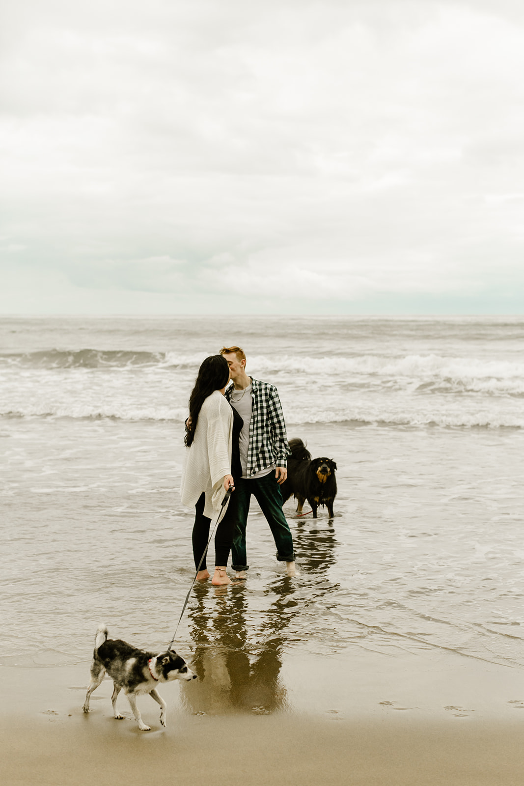 Example of a unique engagement photoshoot with dogs. Couple stands with their feet in the water, sharing a kiss while the dogs run.