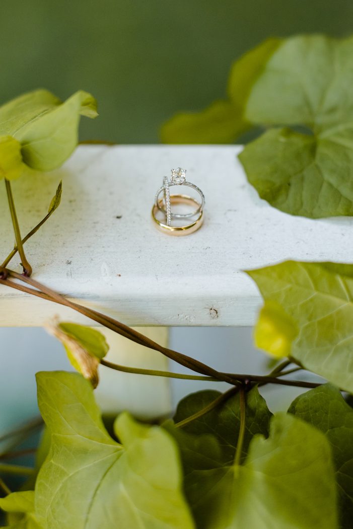diamond ring and gold wedding band detail shots