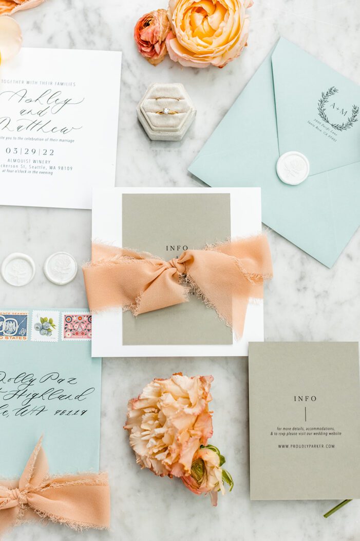 muted colors  wedding details invitation suite