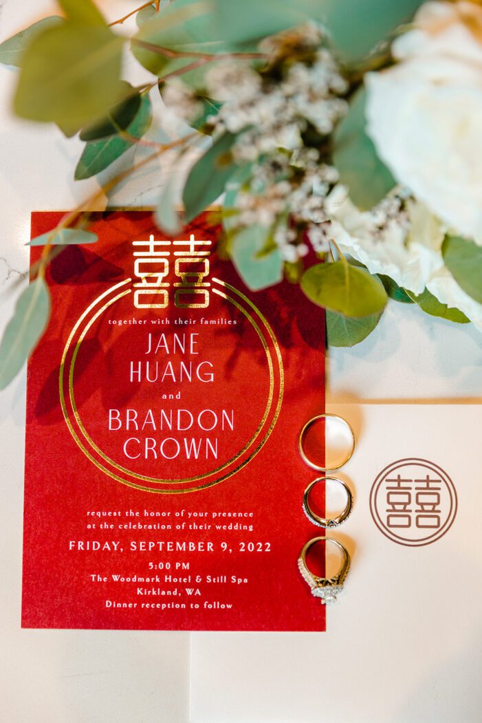 red invitation flat lay with rings