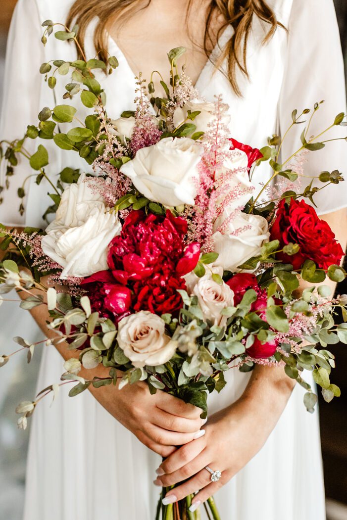 close on pink and white and red bouquet