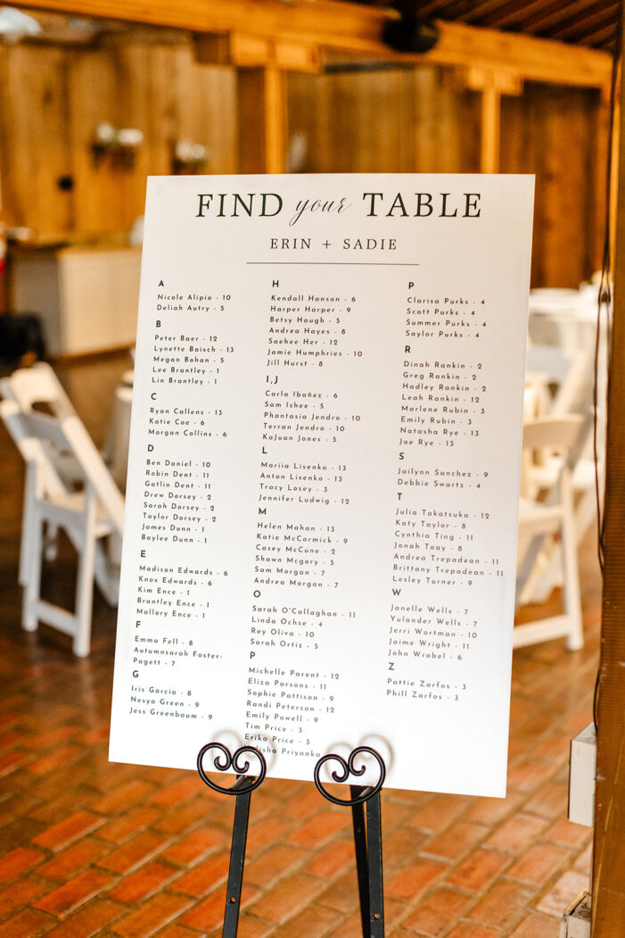 "find your table" sign at wedding