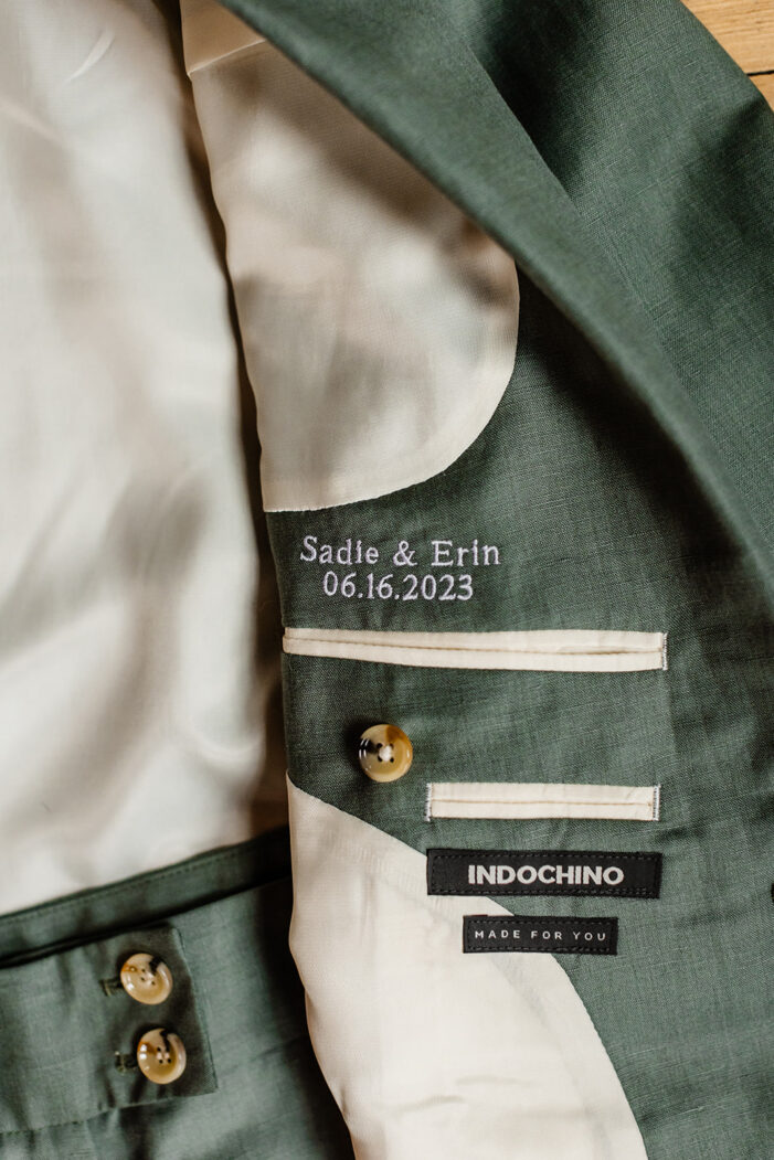 green wedding suite with custom embroidery