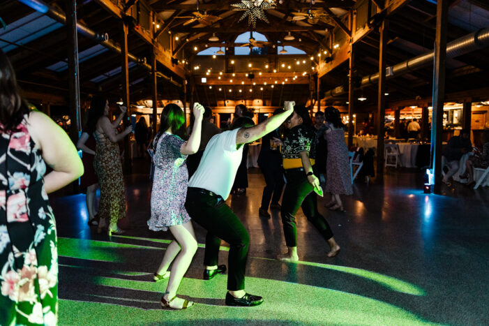 brides dance with guests at wedding