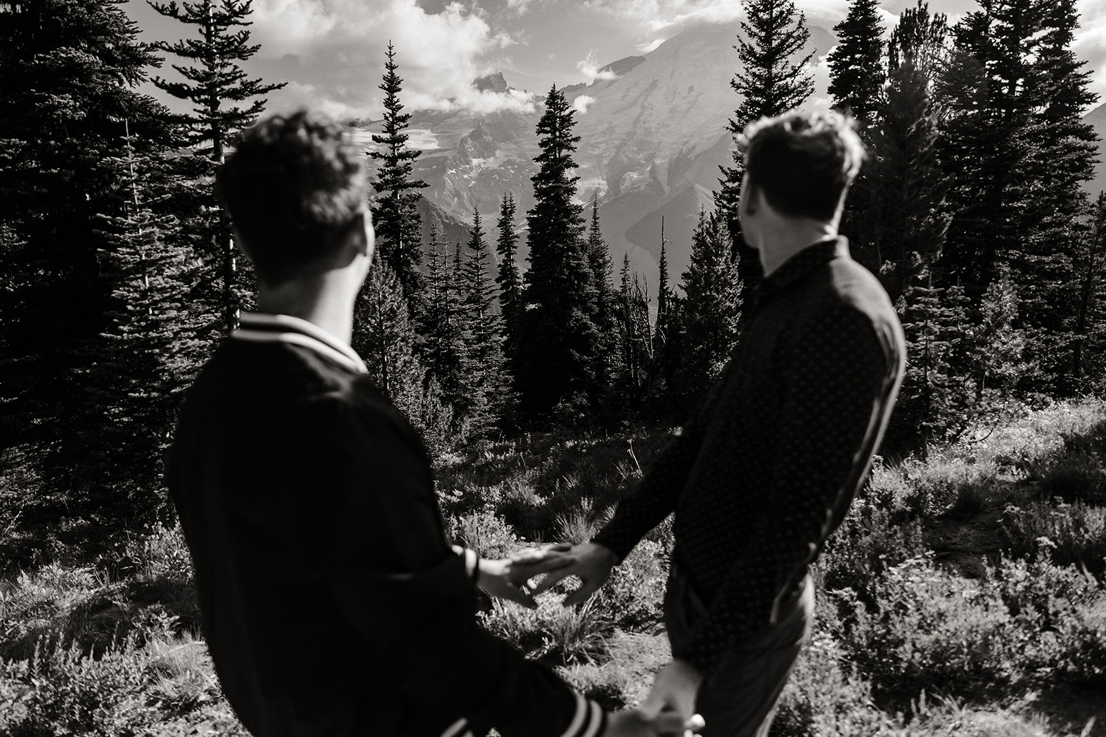 two boys look out at the trees and mountains during engagement session
