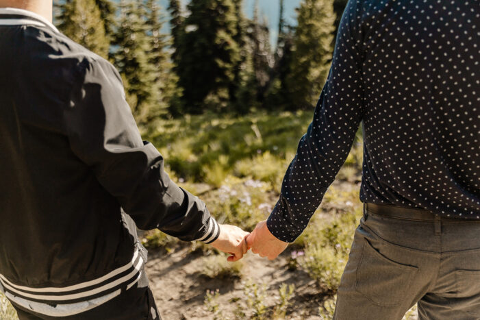 two boys hold hands as they walk through the trees during engagement session