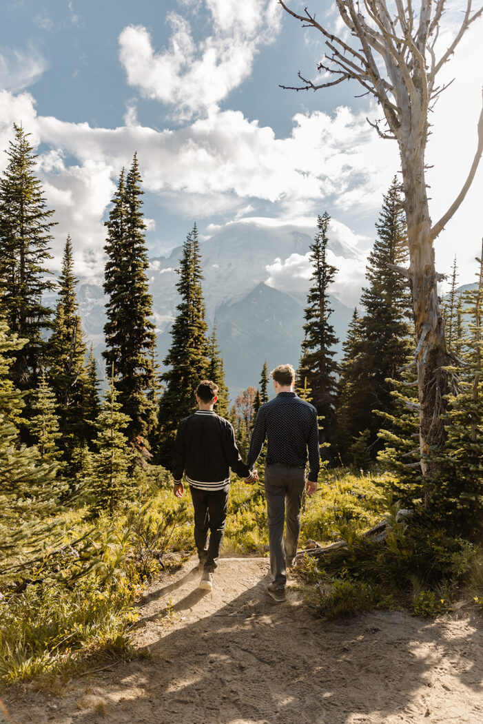 two boys hold hands and walk through the trees during mountain engagement session