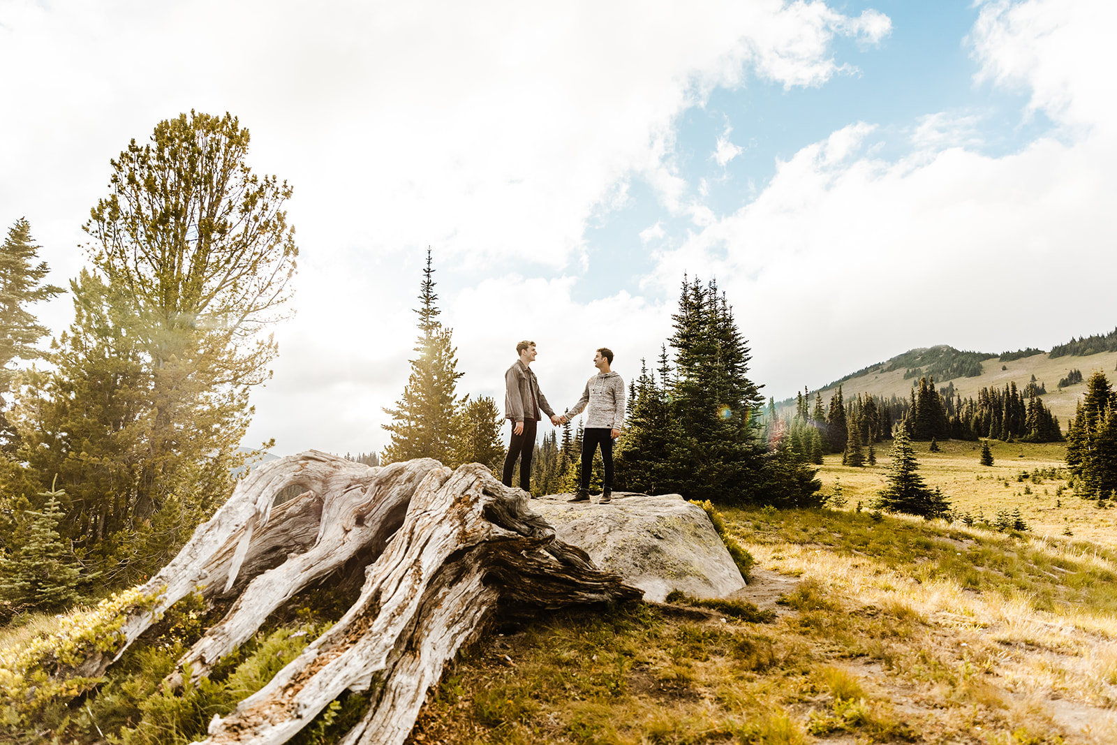 two boys walk down a path through a field with trees in the background