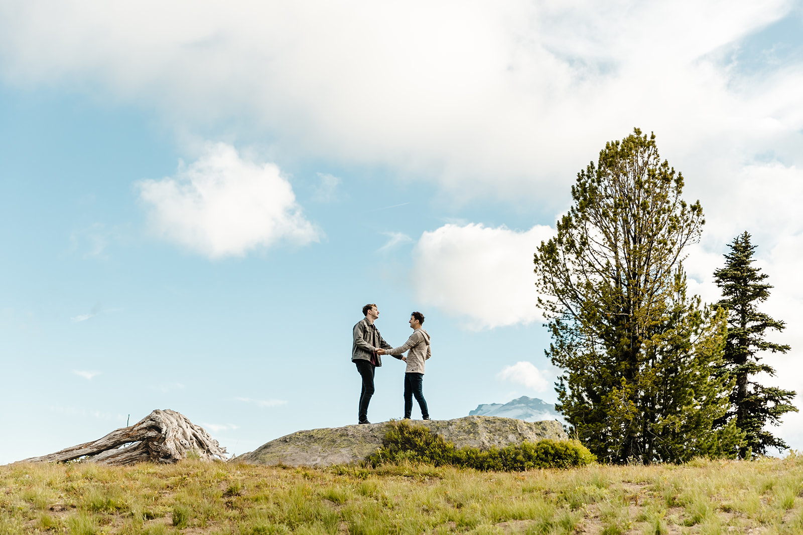 two boys stand on a hill in a field