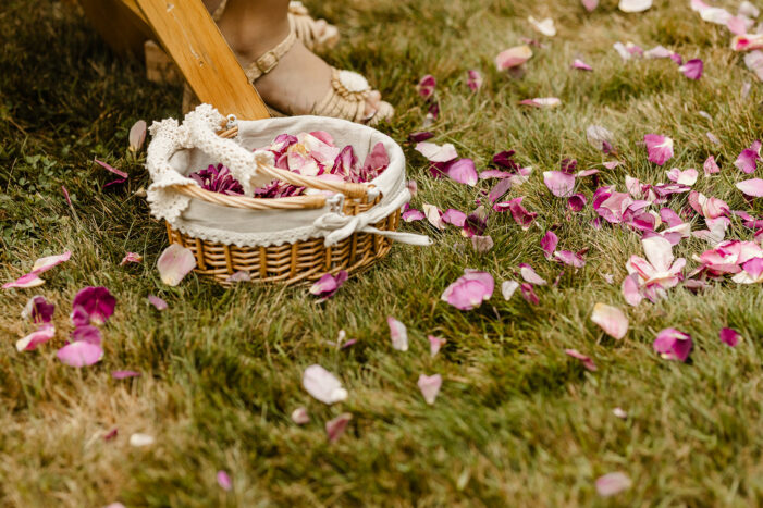 flower basket on ground with petals streaming out