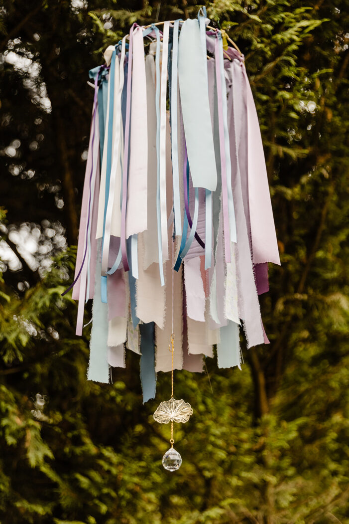 hanging purple, blue and white fabric