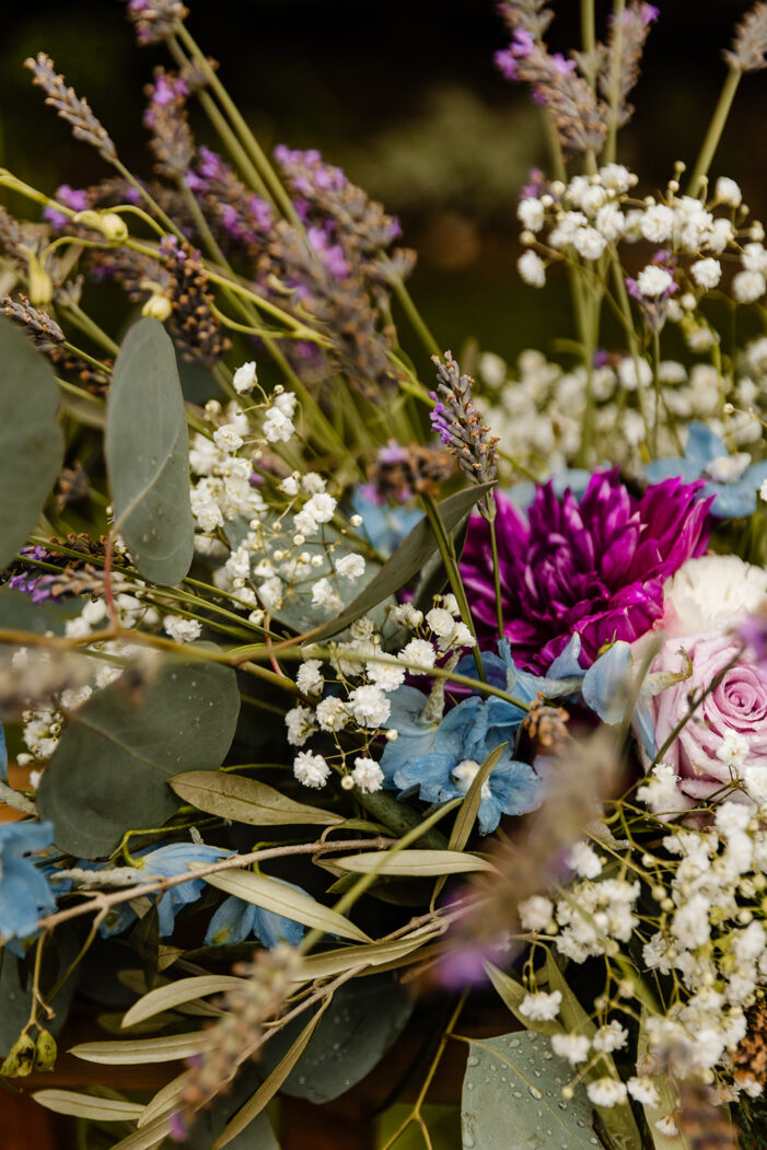 close on purple, white and blue flowers