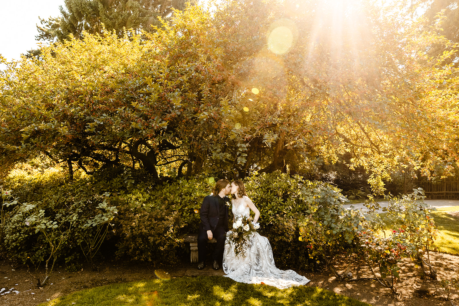 bride and groom sit in rose garden in pool of light