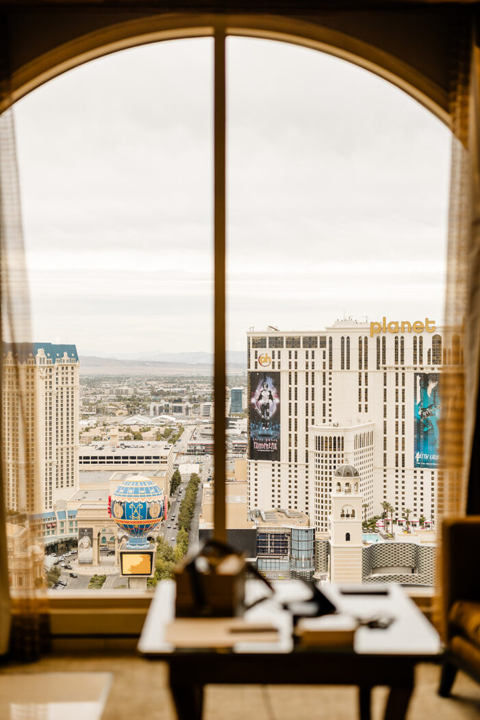 las vegas skyline through hotel window