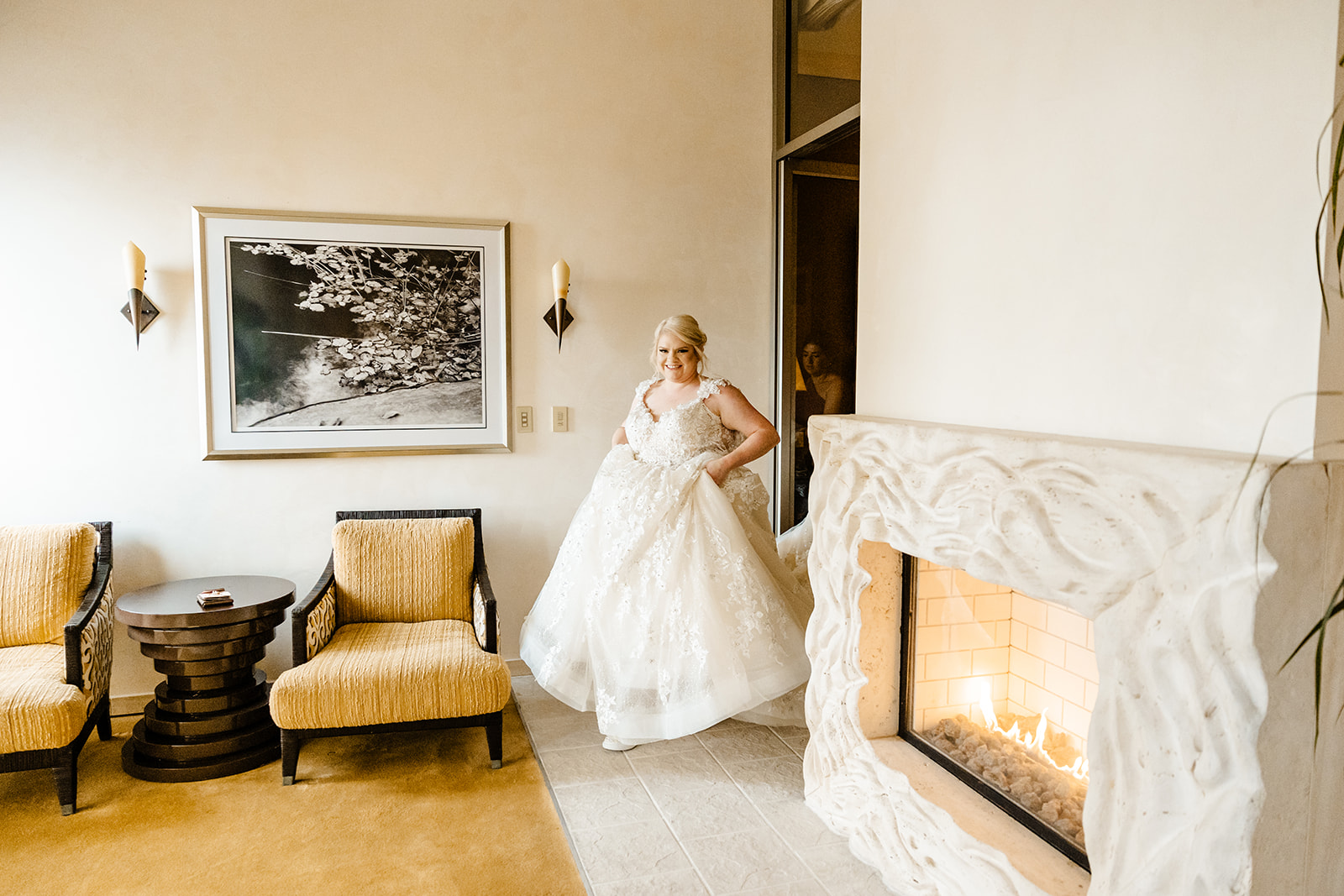 bride walks out in dress