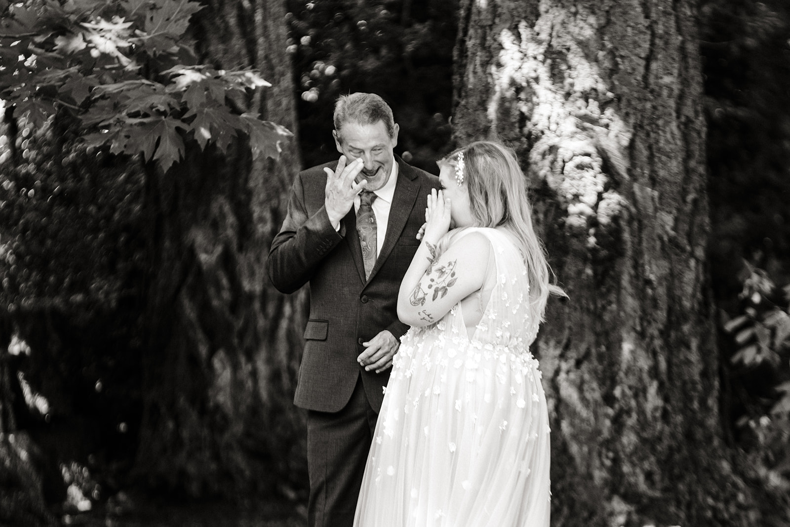 bride and father cry together during first look
