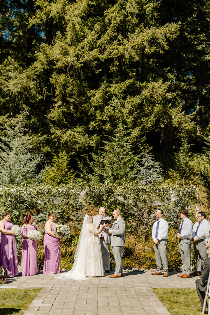 bride and groom stand at front of ceremony at evergreen meadows