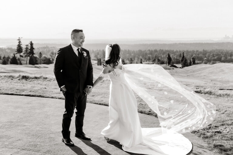 bride and groom hold hands and stand on grassy hill