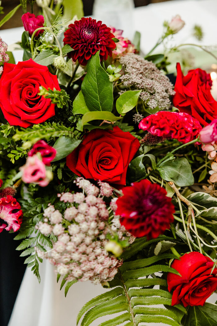 red, white and green flowers