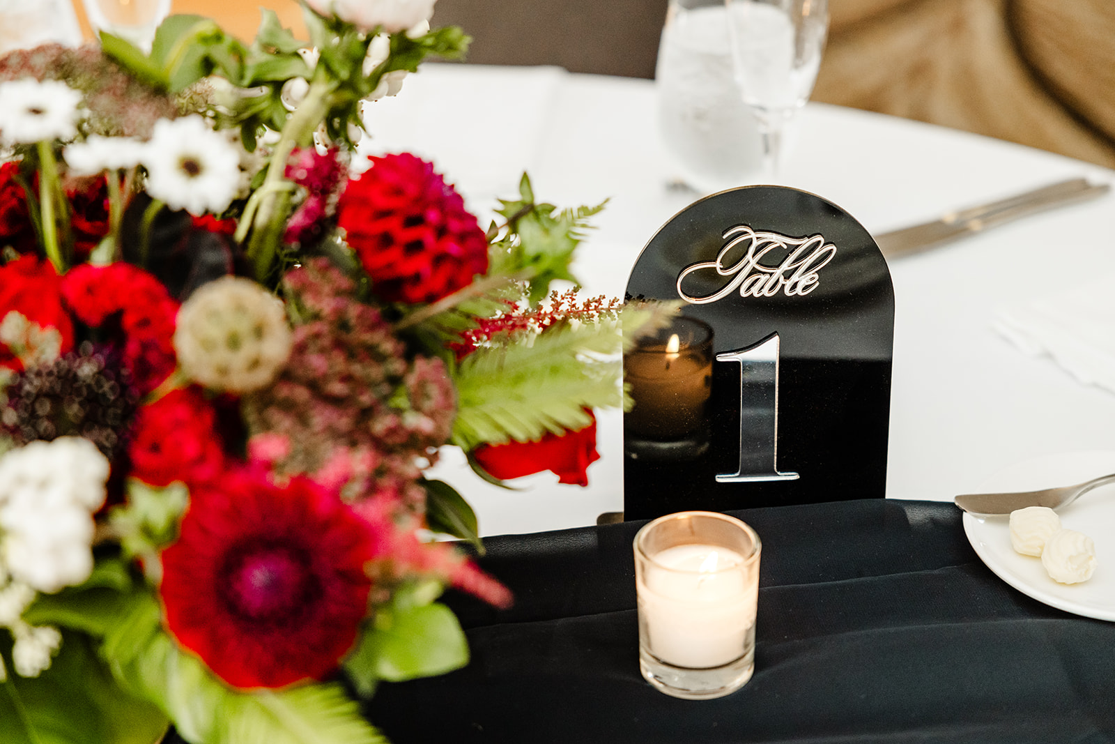 black, white and red wedding tablescape