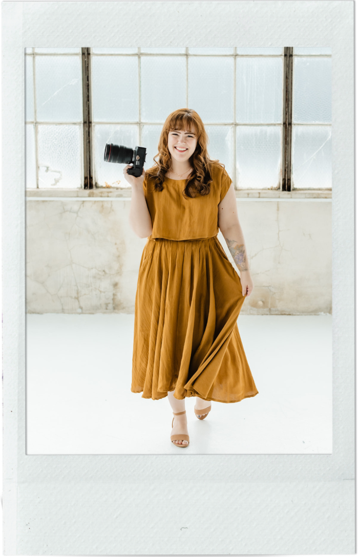 contact seattle wedding photographer tminspired photography, photographer in yellow two piece dress holding a camera