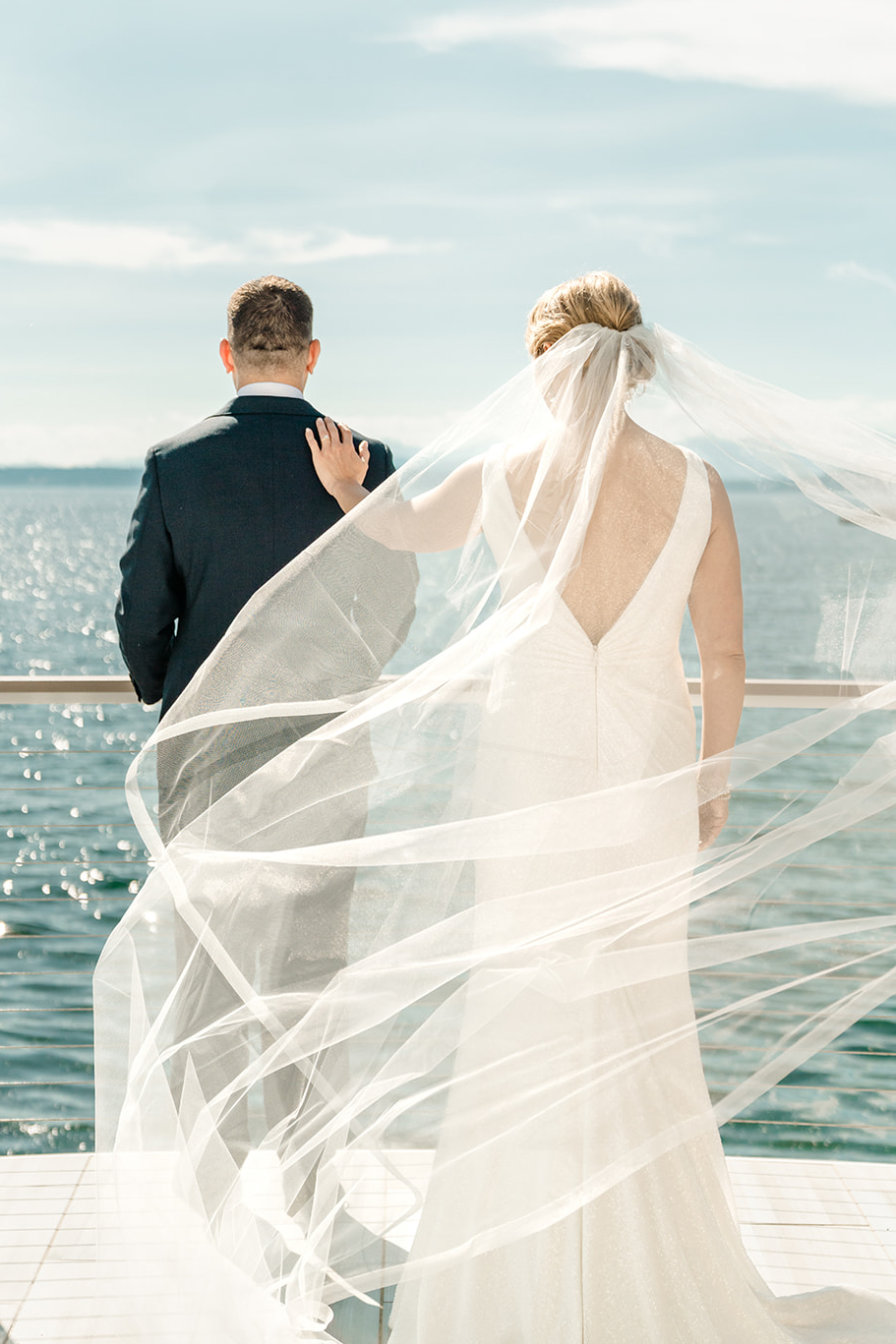 first look overlooking water Seattle Wedding Photographer