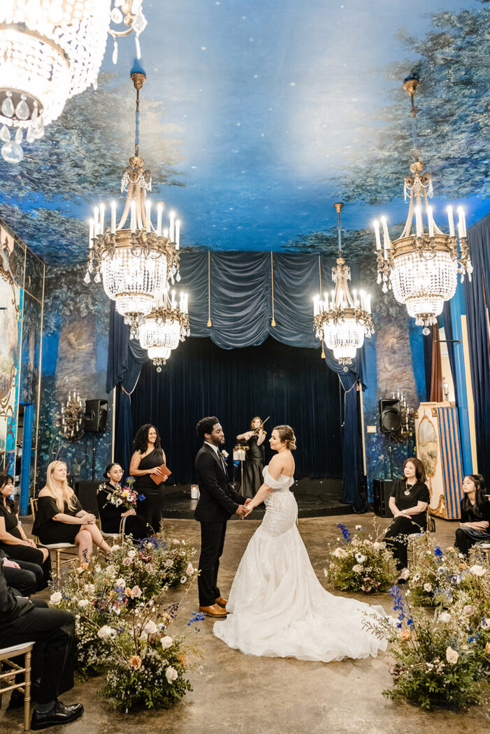 bride and groom at ceremony at The Ruins