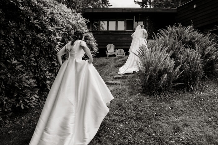 two brides climb up hill