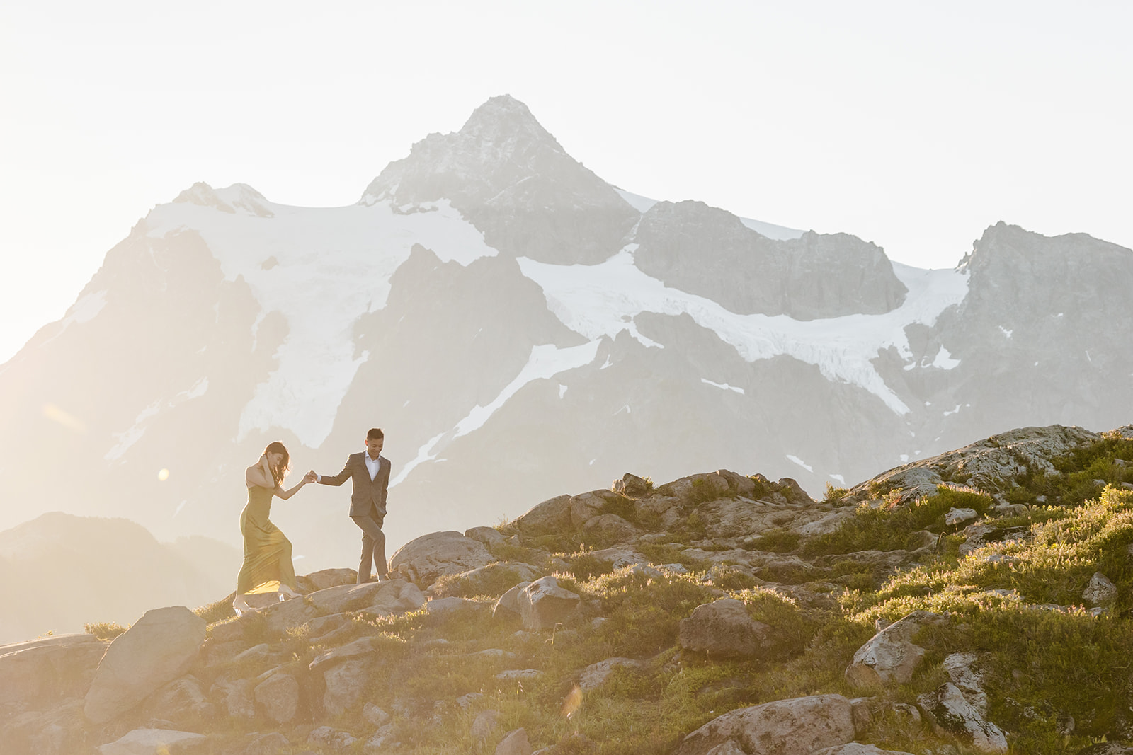 couple poses for engagement session at artist point mount baker