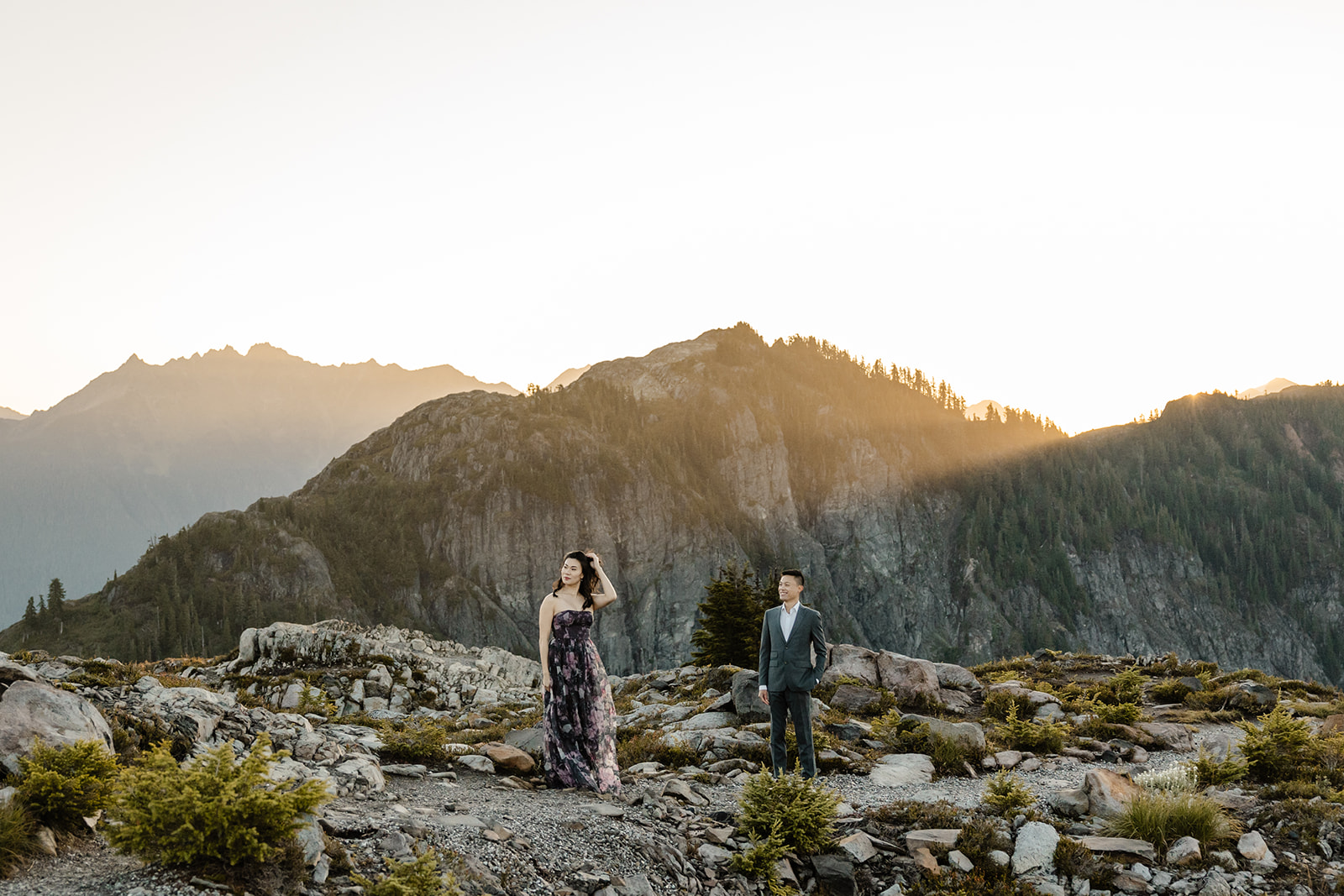 couple poses for engagement session at artist point mount baker
