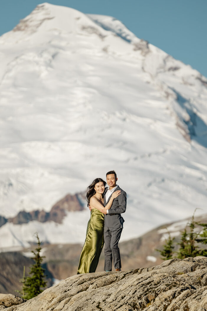 couple poses for engagement session at artist point mount baker