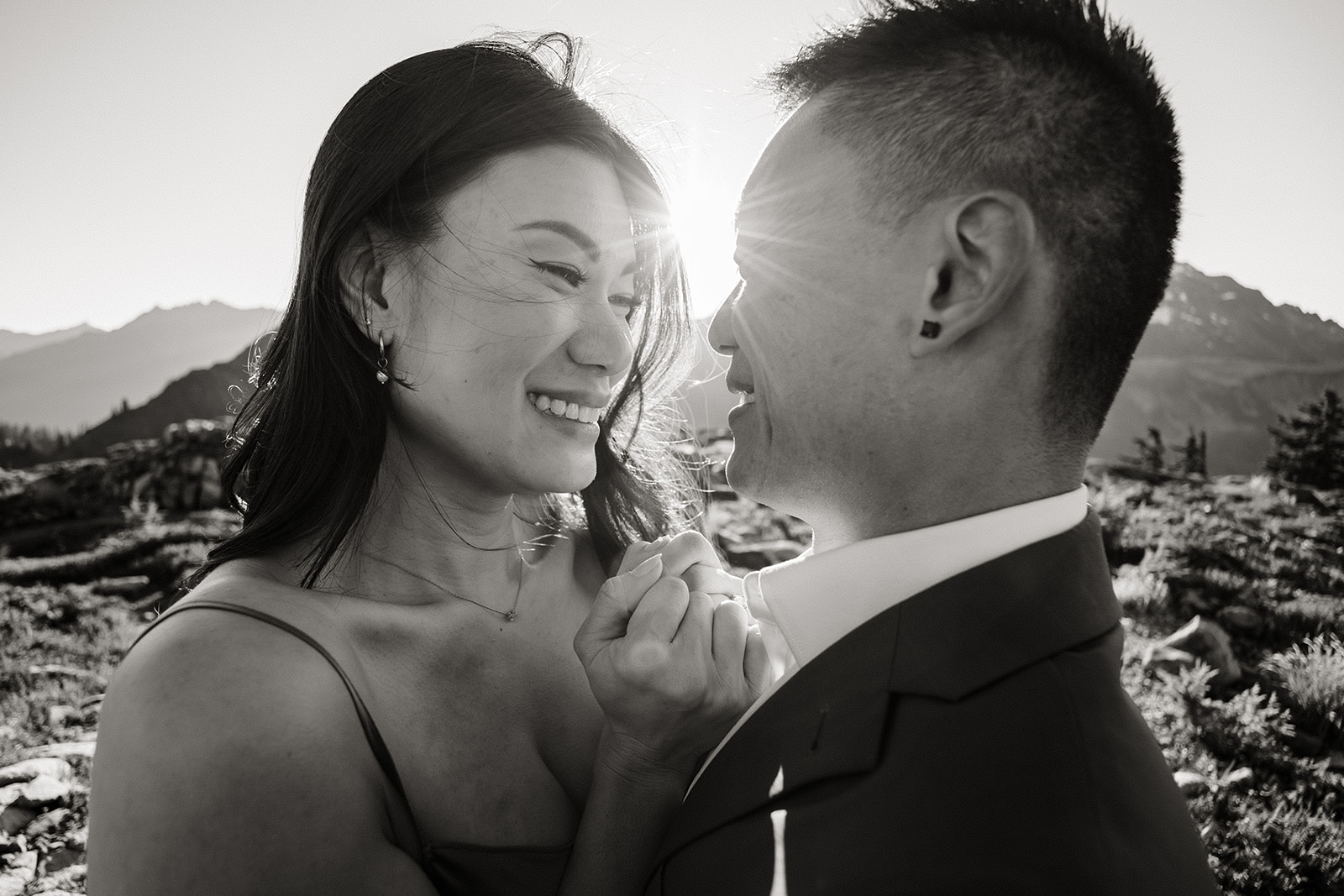 couple poses for engagement session at artist point mount baker
