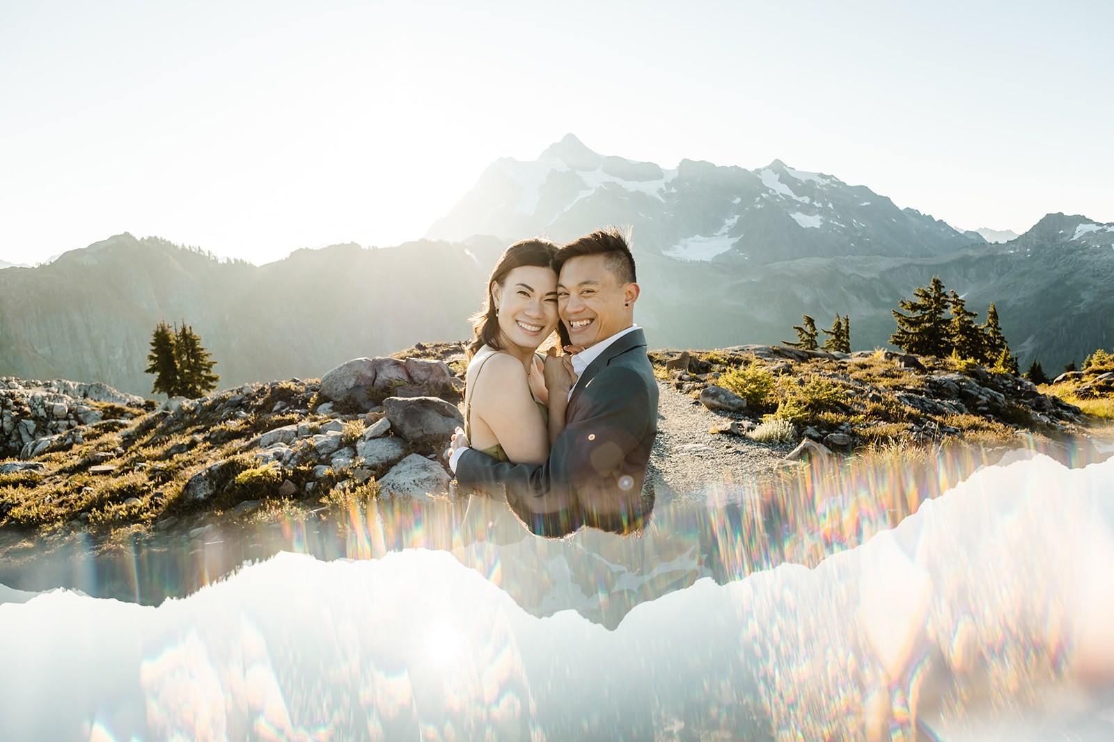 couple poses for engagement session at artist point mount baker