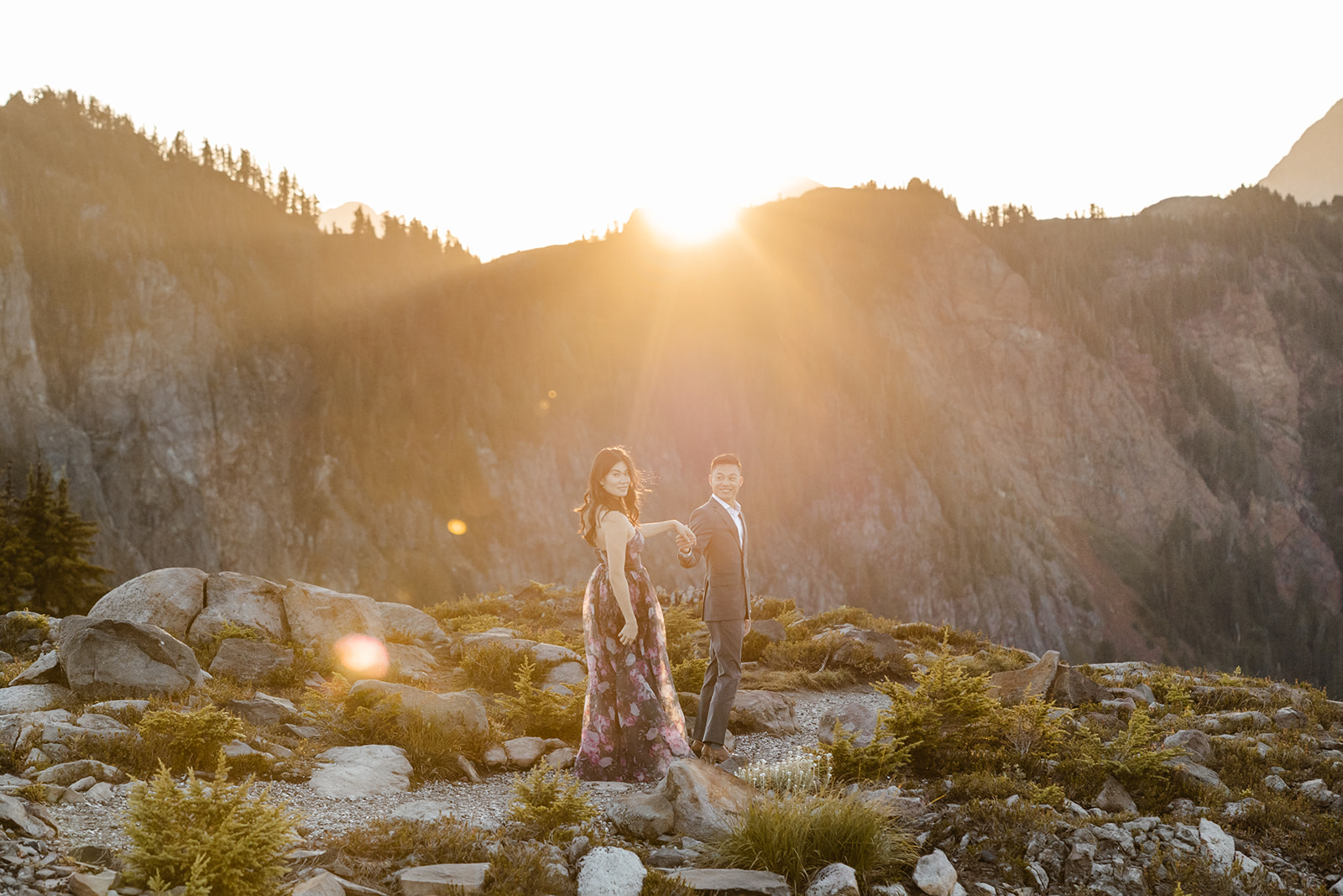couple poses for engagement session at artist point mount baker