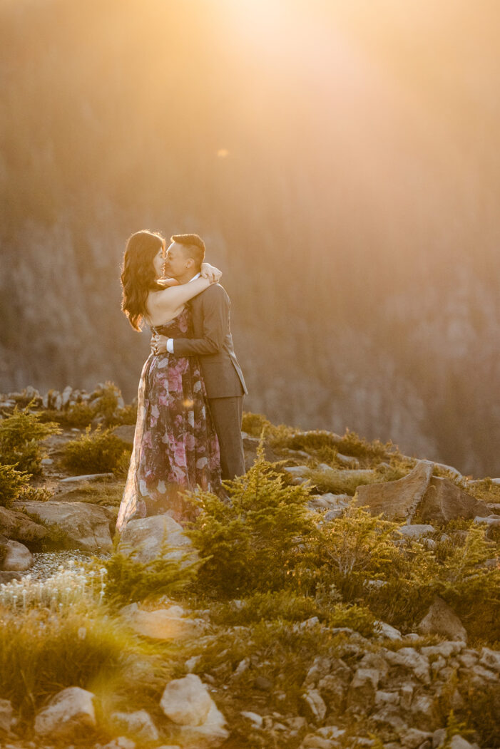 couple poses for engagement session at artist point mount baker