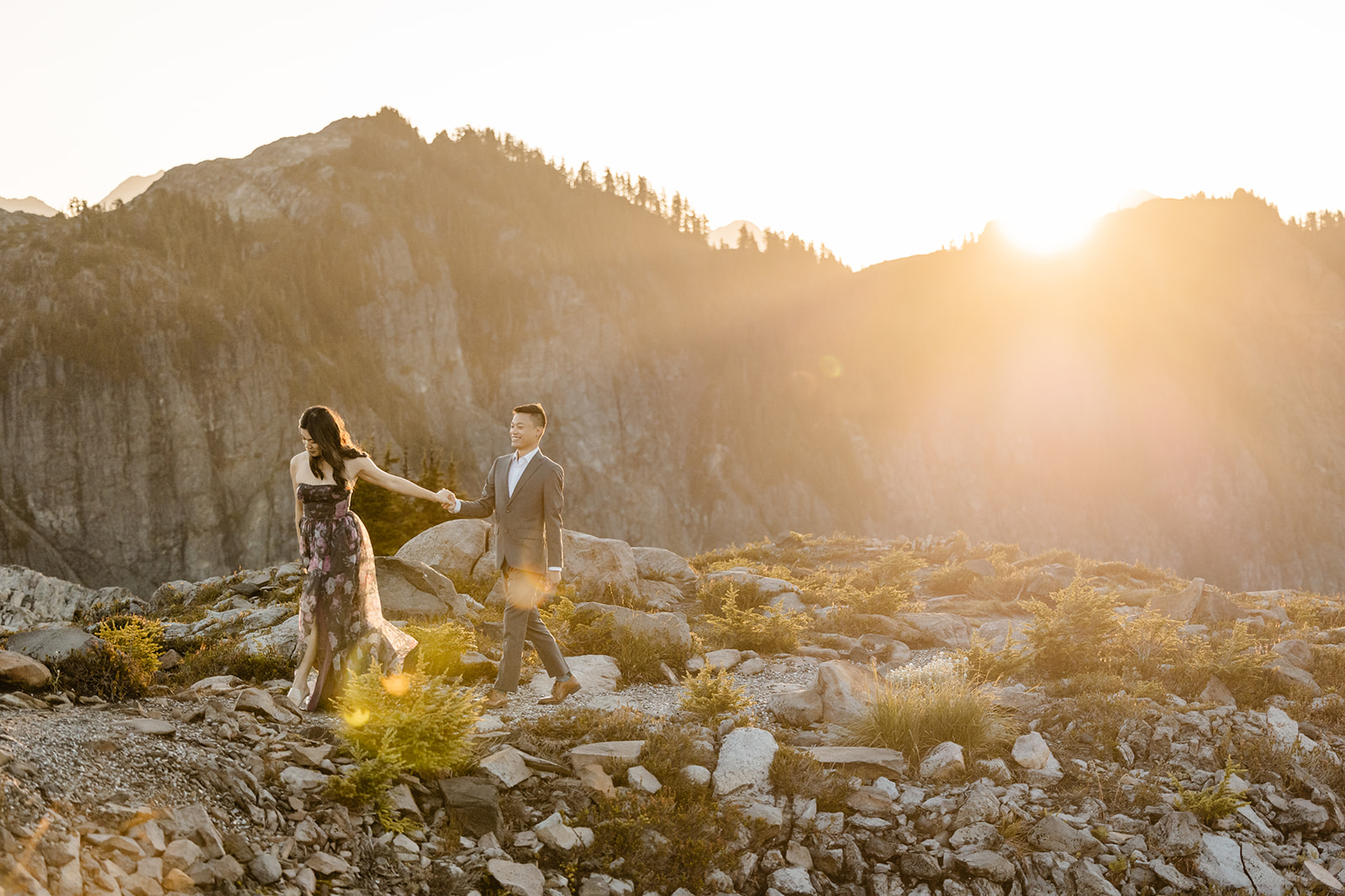 couple poses for engagement session at artist point mount baker