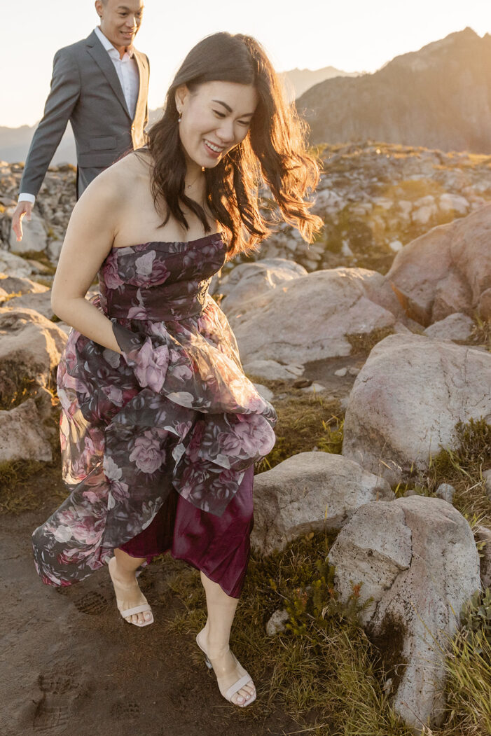 couple poses for engagement session at artist point mount baker
