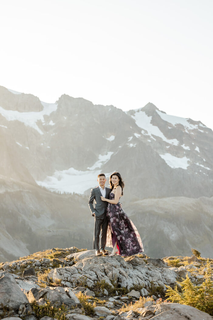 couple poses for engagement session at artist point mount baker