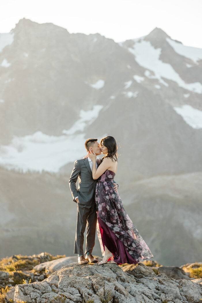 couple poses for engagement session at artist point mount baker