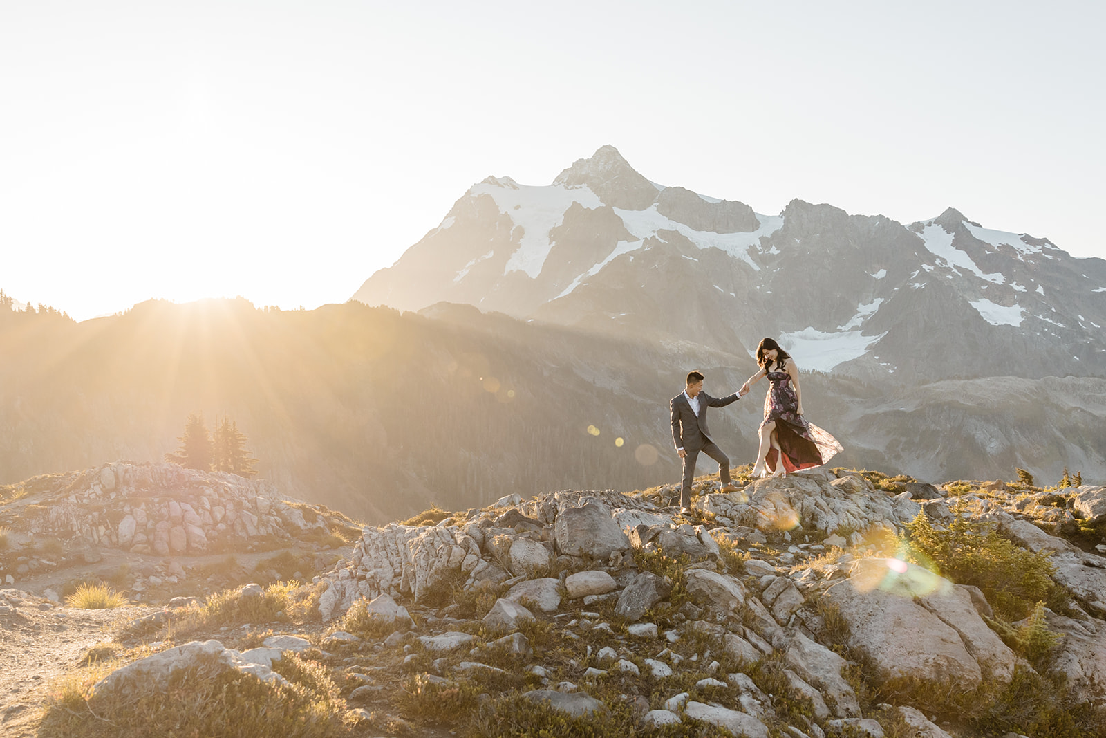 couple poses for engagement session at artist point mount baker