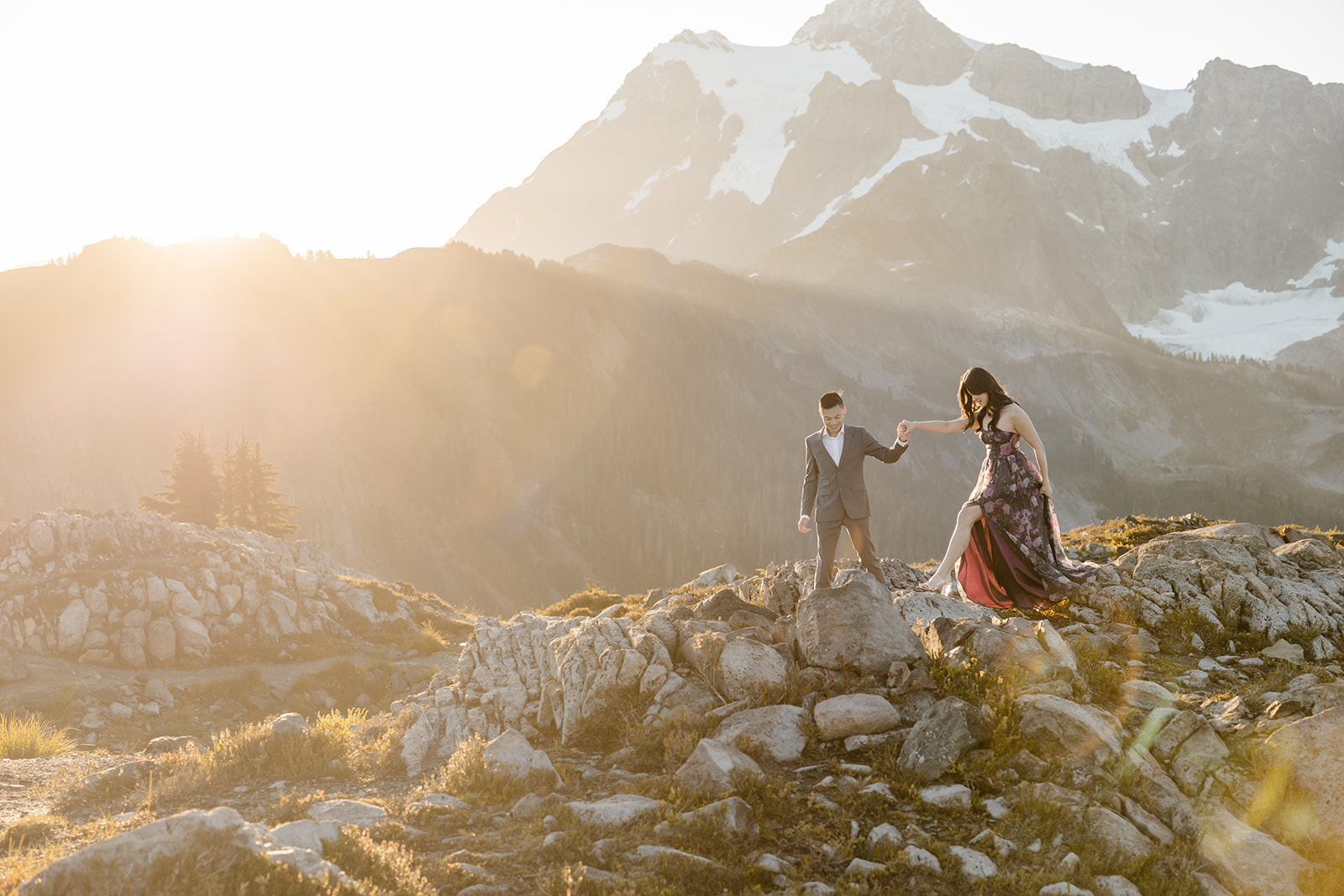 couple poses for engagement session at artist point mount baker