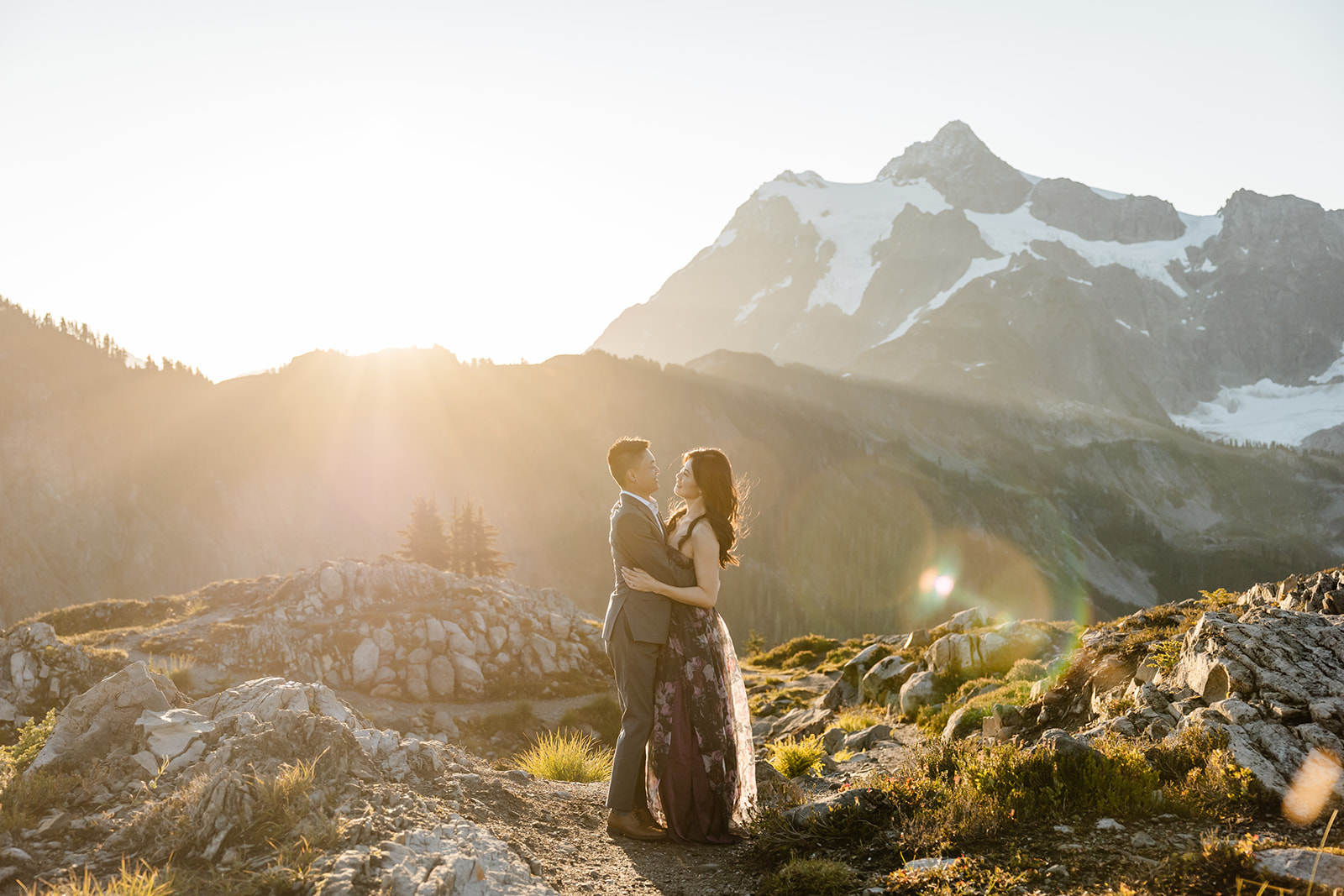 couple poses for engagement session at artist point mount baker