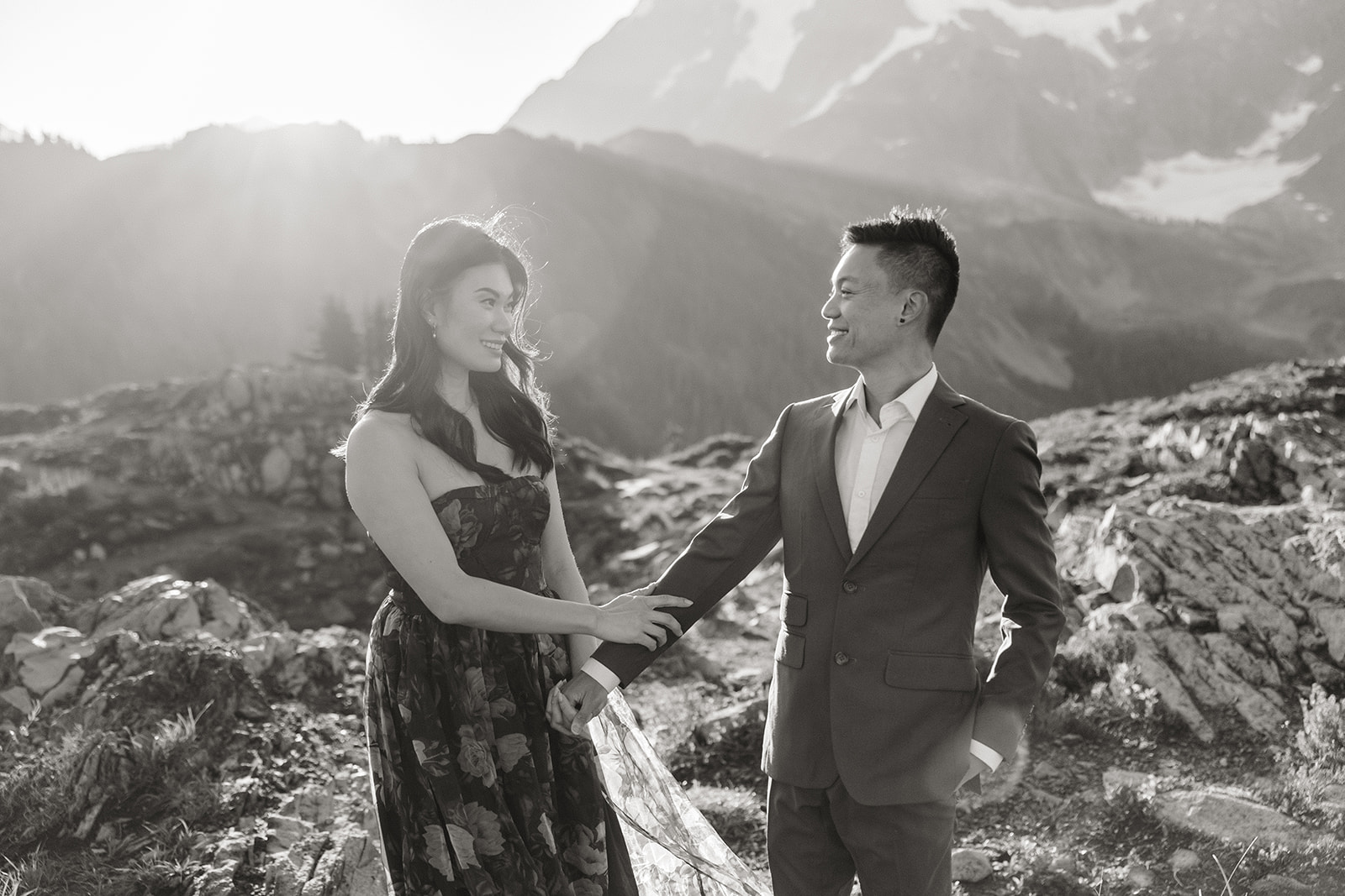 couple poses for engagement session at artist point mount baker