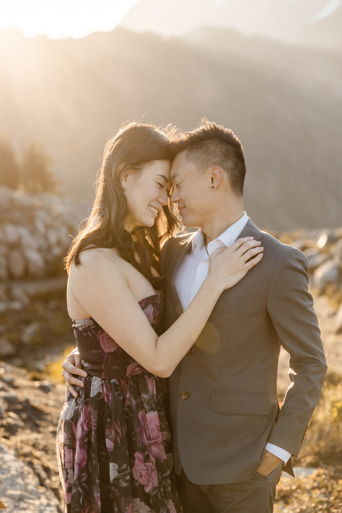 couple poses for engagement session at artist point mount baker