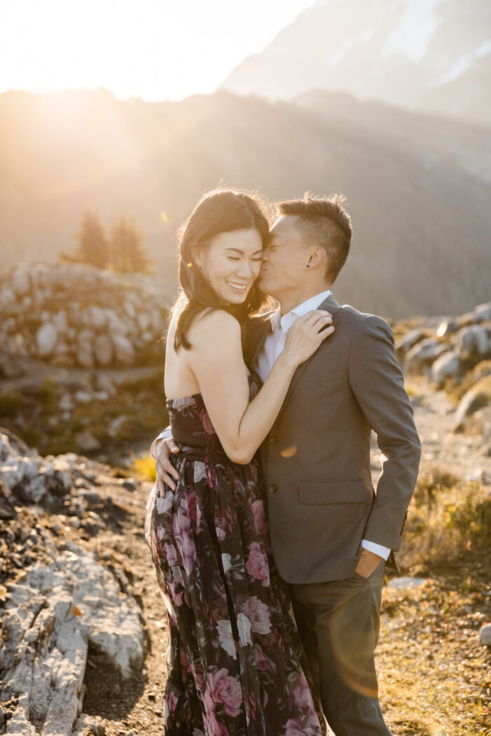couple poses for engagement session at artist point mount baker